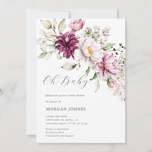 waterverf burgundy peonies baby shower (Voorkant)