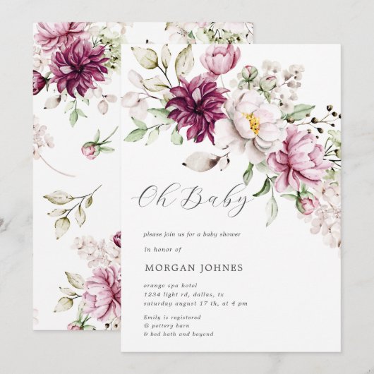 waterverf burgundy peonies baby shower (Voorkant / Achterkant)