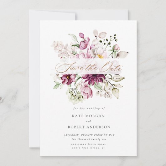 waterverf burgundy peonies floral save the date (Voorkant)