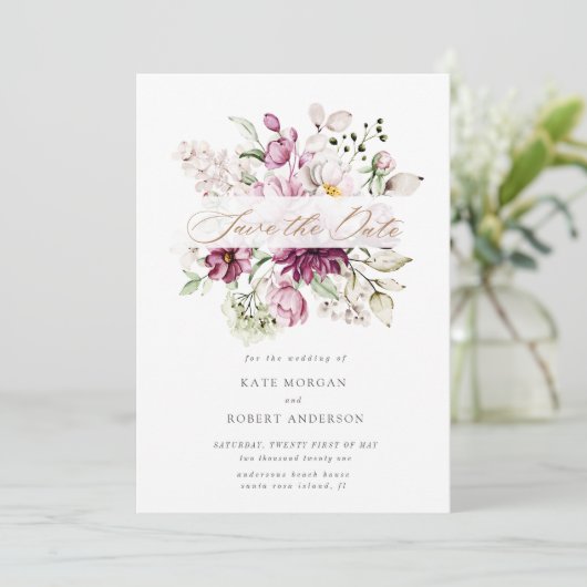 waterverf burgundy peonies floral save the date (Staand voorkant)