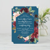 Waterverf Burgundy Pink Blue Floral Wedding Kaart (Staand voorkant)