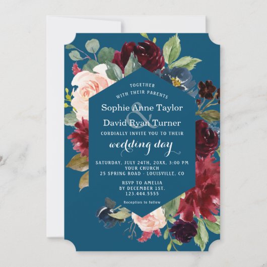 Waterverf Burgundy Pink Blue Floral Wedding Kaart (Voorkant)