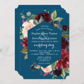 Waterverf Burgundy Pink Blue Floral Wedding Kaart (Voorkant / Achterkant)