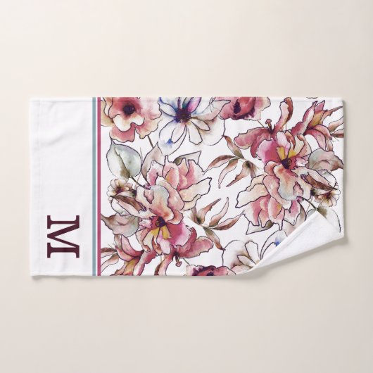 Waterverf Burgundy Pink en Blue Floral Garland Bad Handdoek (Handdoek)