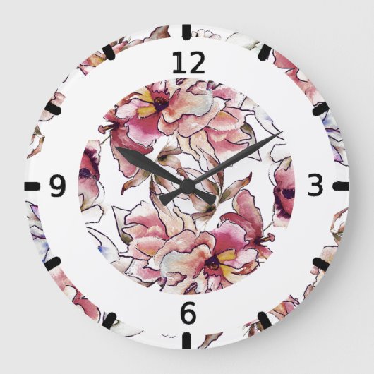 Waterverf Burgundy Pink en Blue Floral Garland Grote Klok (Voorkant)