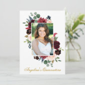Waterverf Burgundy Pink Floral Foto Quinceanera Kaart (Staand voorkant)