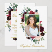 Waterverf Burgundy Pink Floral Foto Quinceanera Kaart (Voorkant / Achterkant)
