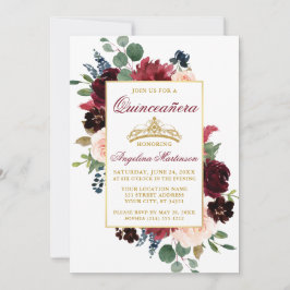 Waterverf Burgundy Pink Floral Gold Quinceanera Kaart