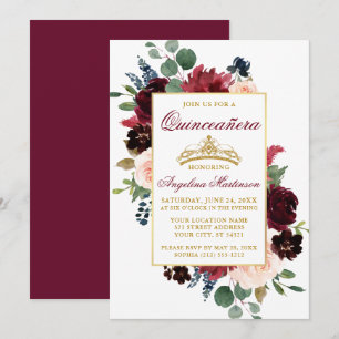 Waterverf Burgundy Pink Floral Gold Quinceanera Kaart