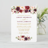 Waterverf Burgundy Pink Floral Gold Wedding Kaart (Staand voorkant)