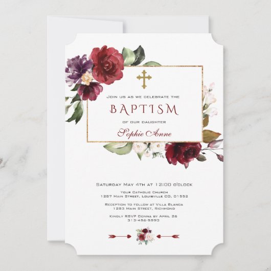 Waterverf Burgundy Pink Floral Lijst Baptisme Kaart (Voorkant)