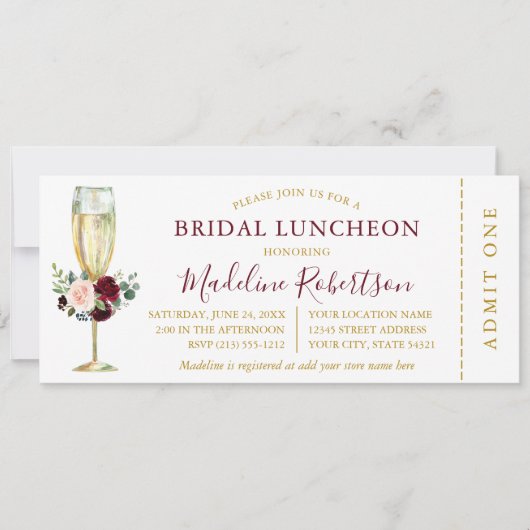 Waterverf Burgundy Pink Floral Luncheon Ticket Kaart (Voorkant)