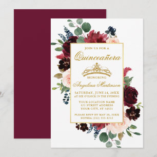 Waterverf Burgundy Pink Floral Quinceanera Kaart