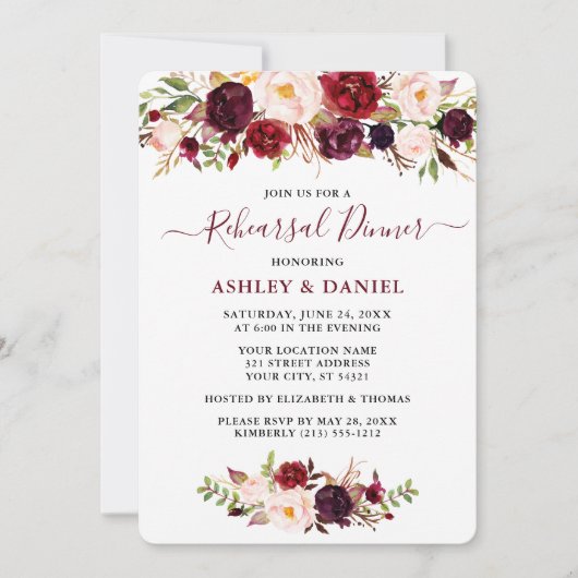 Waterverf Burgundy Pink Floral Rehearsal Dinner Kaart (Voorkant)