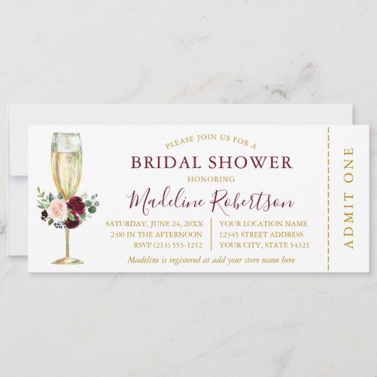 Waterverf Burgundy Pink Floral Shower Ticket Kaart (Voorkant)