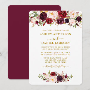 Waterverf Burgundy Pink Floral Wedding Gold Kaart