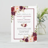 Waterverf Burgundy Pink Floral Wedding Kaart (Staand voorkant)