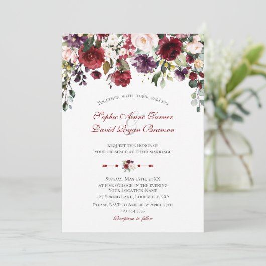 Waterverf Burgundy Plum Blush Flowers Weddenschap Kaart (Staand voorkant)