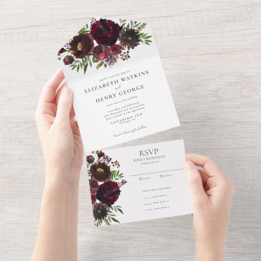 Waterverf Burgundy Red Botanical Flowers Weddensch All In One Uitnodiging (Afscheurbaar)