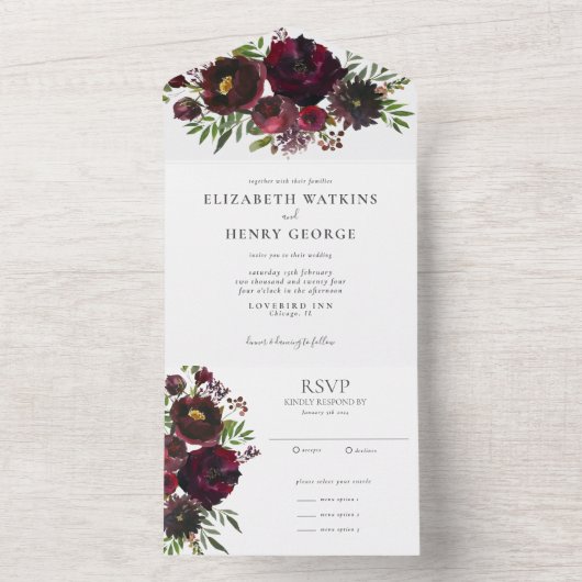 Waterverf Burgundy Red Botanical Flowers Weddensch All In One Uitnodiging (Binnen)