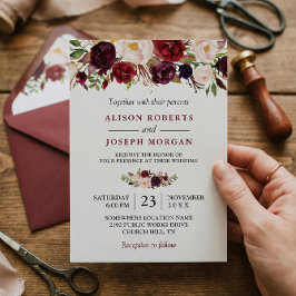 Waterverf Burgundy Red Floral Rustic Boho Wedding Kaart