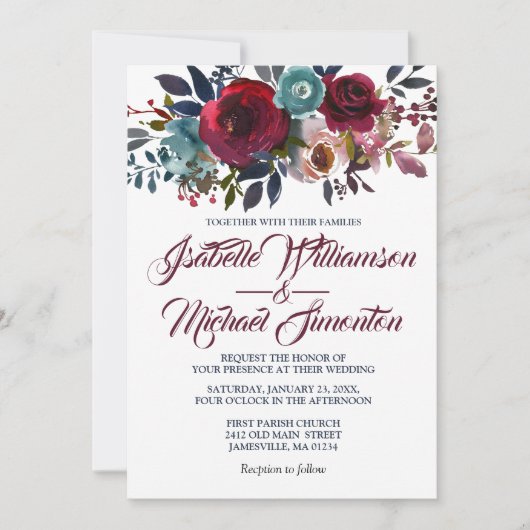 Waterverf Burgundy Red Floral Wedding Invitations Kaart (Voorkant)