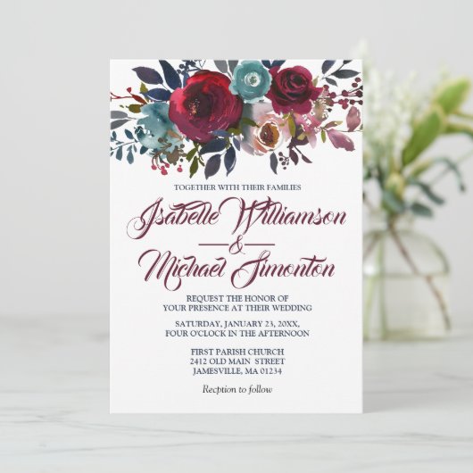 Waterverf Burgundy Red Floral Wedding Invitations Kaart (Staand voorkant)