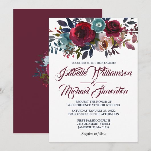 Waterverf Burgundy Red Floral Wedding Invitations Kaart (Voorkant / Achterkant)