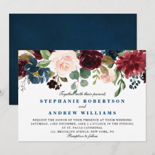 Waterverf Burgundy Red Navy Blue Floral Boho Kaart