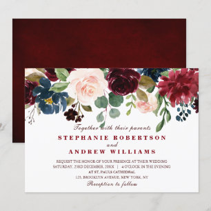 Waterverf Burgundy Red Navy Blue Floral Boho Kaart