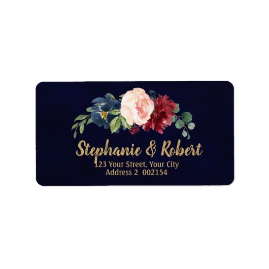 Waterverf Burgundy Red Navy Floral Etiket (Voorkant)