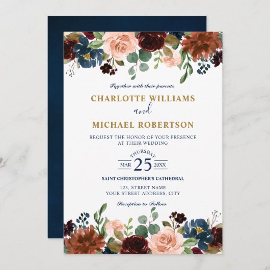 Waterverf Burgundy Red Navy Floral Rustic Boho in Kaart (Voorkant / Achterkant)