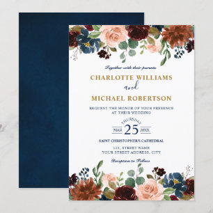 Waterverf Burgundy Red Navy Floral Rustic Boho in Kaart