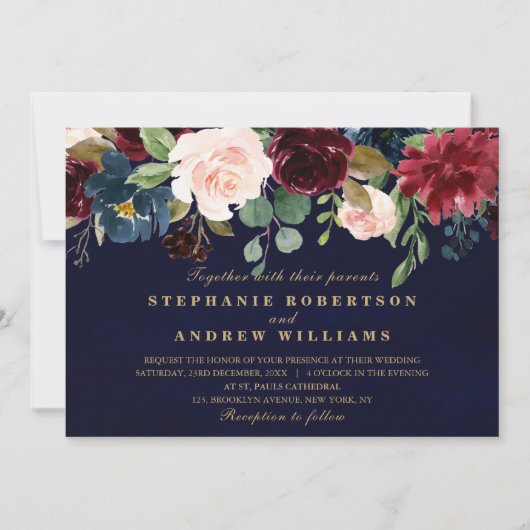 Waterverf Burgundy Red Navy Floral Rustic Boho Kaart (Voorkant)