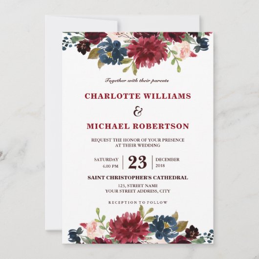 Waterverf Burgundy Red Navy Floral Rustic Boho Kaart (Voorkant)