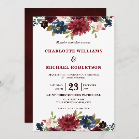 Waterverf Burgundy Red Navy Floral Rustic Boho Kaart (Voorkant / Achterkant)