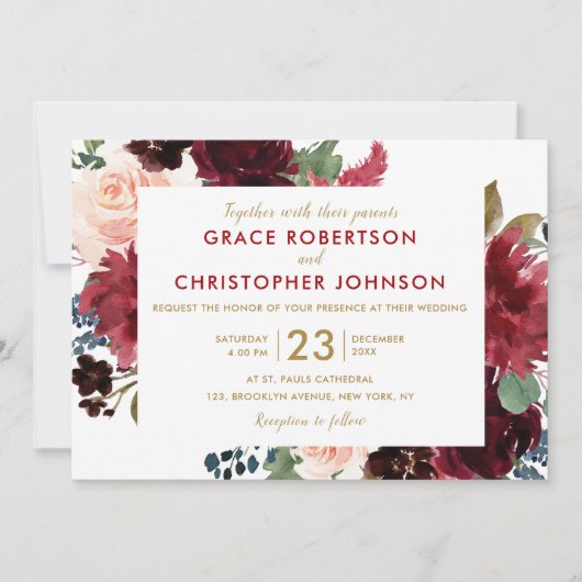 Waterverf Burgundy Red Navy Floral Rustic Boho Kaart (Voorkant)