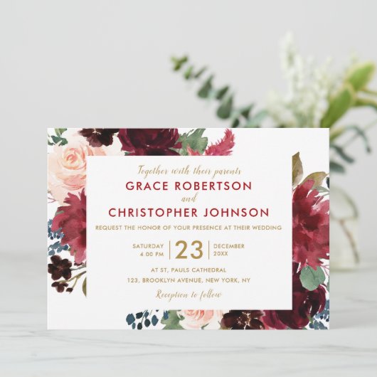 Waterverf Burgundy Red Navy Floral Rustic Boho Kaart (Staand voorkant)