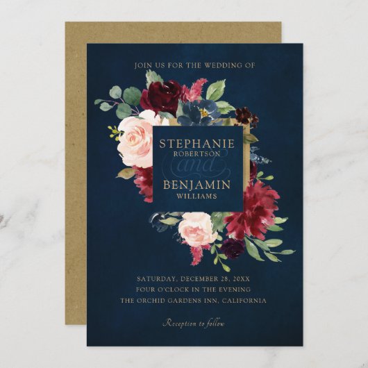 Waterverf Burgundy Red Navy Floral Rustic Boho Kaart (Voorkant / Achterkant)