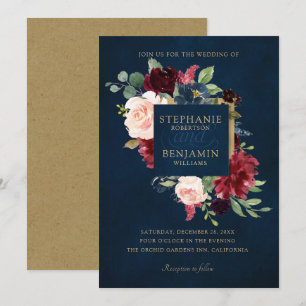 Waterverf Burgundy Red Navy Floral Rustic Boho Kaart