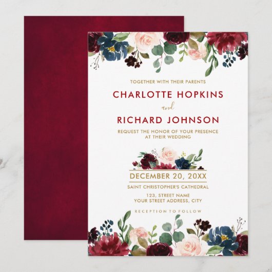 Waterverf Burgundy Red Navy Floral Rustic Boho Kaart (Voorkant / Achterkant)