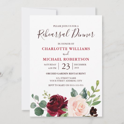 Waterverf Burgundy Red Navy Floral Rustic Boho Kaart (Voorkant)