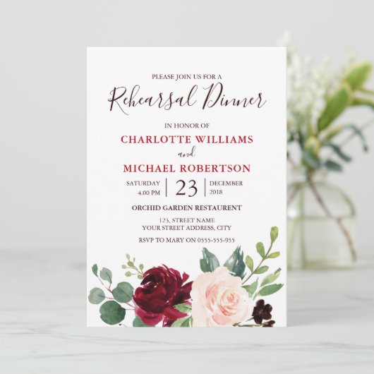 Waterverf Burgundy Red Navy Floral Rustic Boho Kaart (Staand voorkant)