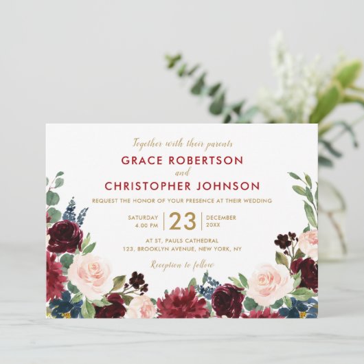 Waterverf Burgundy Red Navy Floral Rustic Boho Kaart (Staand voorkant)