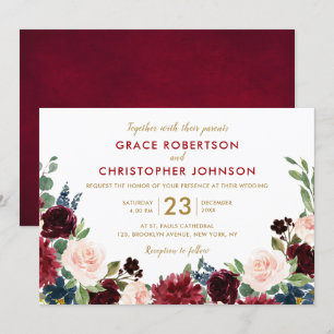 Waterverf Burgundy Red Navy Floral Rustic Boho Kaart