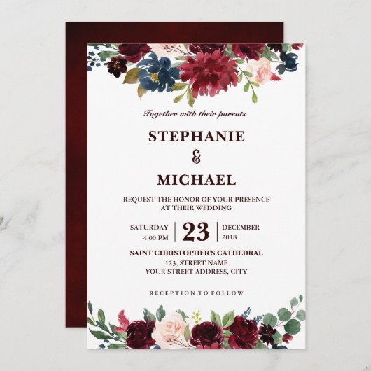 Waterverf Burgundy Red Navy Floral Rustic Boho Kaart (Voorkant / Achterkant)