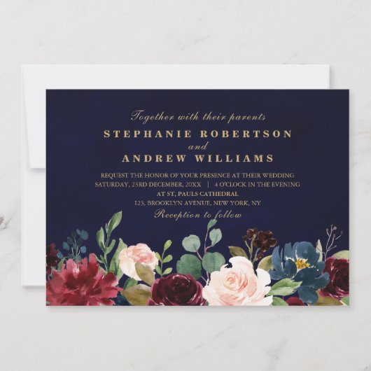 Waterverf Burgundy Red Navy Floral Rustic Boho Kaart (Voorkant)