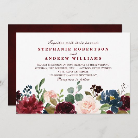 Waterverf Burgundy Red Navy Floral Rustic Boho Kaart (Voorkant / Achterkant)