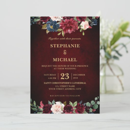 Waterverf Burgundy Red Navy Floral Rustic Boho Kaart (Staand voorkant)