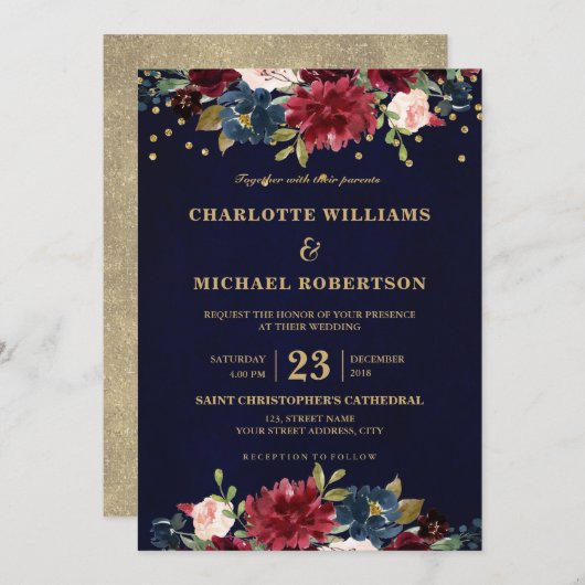 Waterverf Burgundy Red Navy Floral Rustic Boho Kaart (Voorkant / Achterkant)